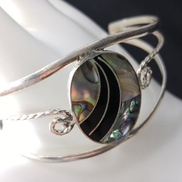 Alpaca Mexico Abalone Shell Cuff Bracelet Silver Tone 1970s Vintage Jewelry - Picture 7 of 10